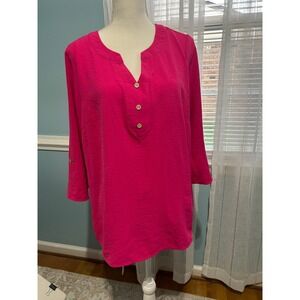 Wilde Womens Hot Pink Roll Tab Sleeve‎ Henley Tunic Top 1X MWT1199X-AF